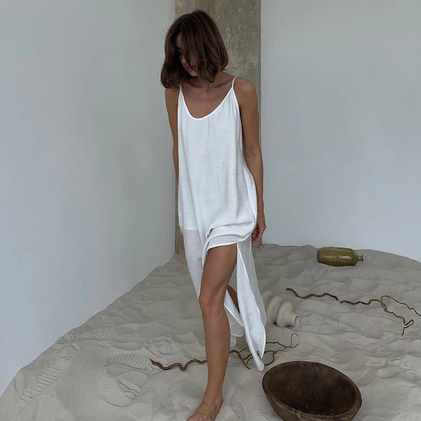 Linad Summer Casual White Long Dress Sexy Loose Backless Split Dresses Woman Street Chic V Neck Straight Dress For Women 2025
