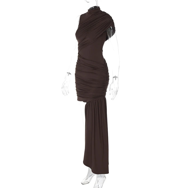 Mozision Irregular Draped Ruched Sexy Mini Dress For Women Elegant Turtleneck Sleeveless High Waist Pleated Club Party Dress