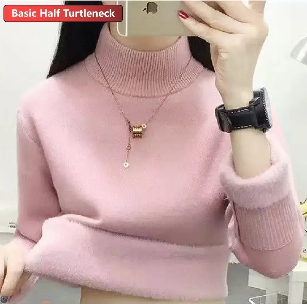 Winter Warm Sweater Pullover Women Slim Thicken Plush Velvet Lined Knitwear Jumper Korean Half Turtleneck Poleras Soft Knit Tops