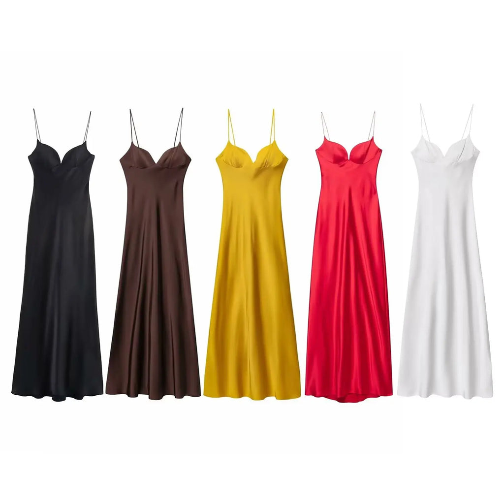 HH 2025 Women Red V-Neck Holiday Style Satin Texture Long Dress Sleeveless Summer Women's Back Zipper Fashion Sling Dresses