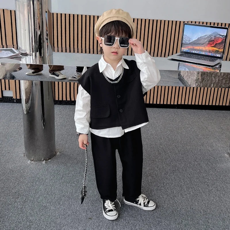 2026 Children Sets Shirts Turn-down Collar Vest Single Breasted Pants Ankle Length Loose Solid Soft Simple Casual Autumn Boys