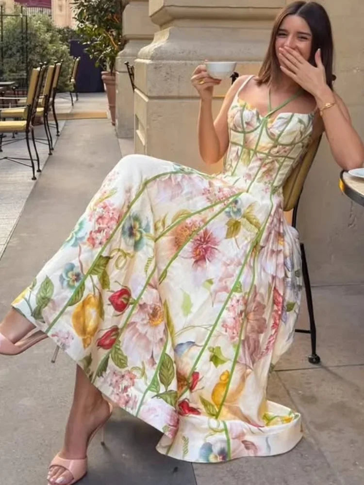 Printed Sleeveless Halter Long Dress Women Chic Waist Cinching A-line Sling Slim Fit Dresses Lady Spring Summer Vacation Gown