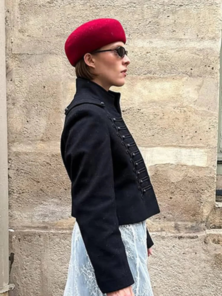 Women's Napoleon Style Black Cropped Jacket Coat Long Sleeve Tops Braided Button Trim Vintage Slim Fit Fashion Lady Outerwear