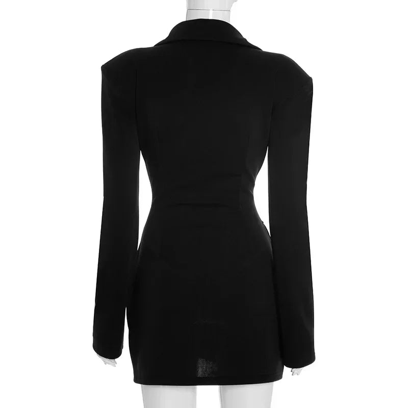 Chic Waist Cinching Women Mini Dress Fashion Full Sleeve Deep V-neck Double Breasted Short Dresses Lady Daily Party Street Gown