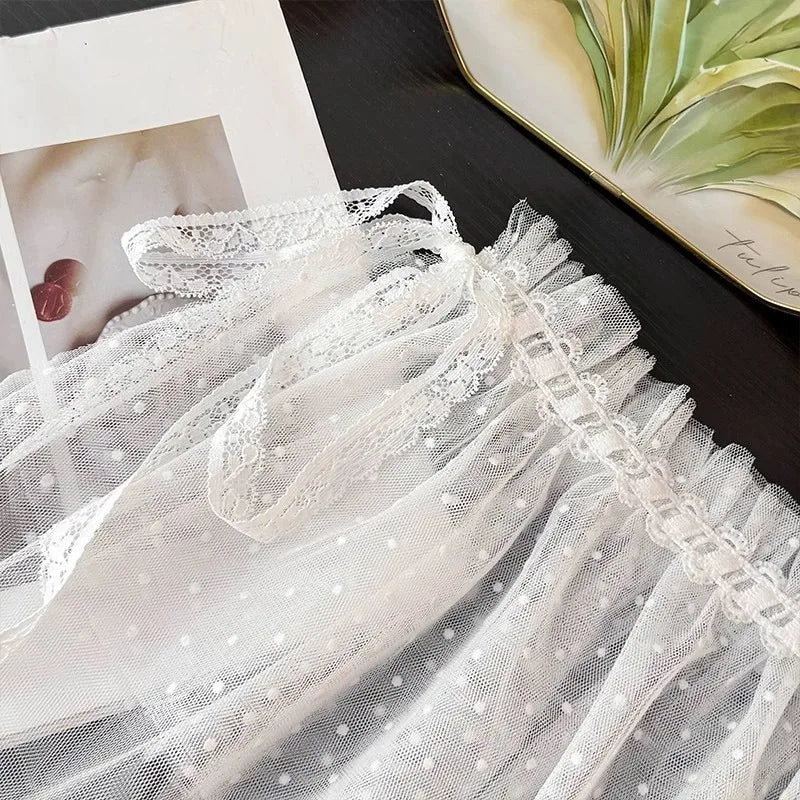 Elegant Polka Dot Lace Embroidery White Lace Half Skirt Women's Design Layered Short Skirt Korean High Waist A-Line Skirt Apron