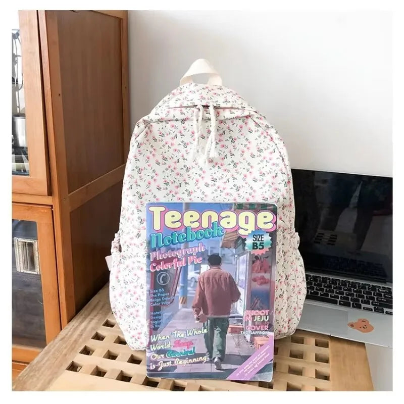 Nylon Backpack New Simple And Fresh Large Capacity Backpack For Junior High School Students Small Floral Backpack