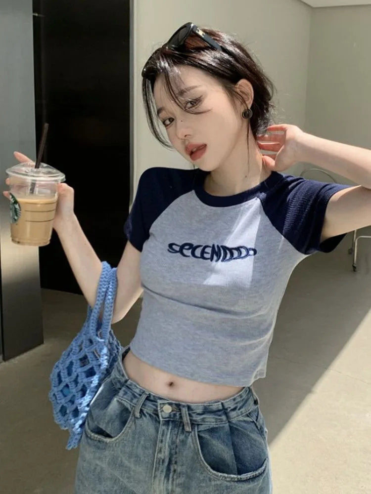 Y2K Women T Shirt Patchwork Letter Slim Fit Crop Tops Streetwear Casual Korean Fashion Short Sleeve Tshirts Bae Female Tees