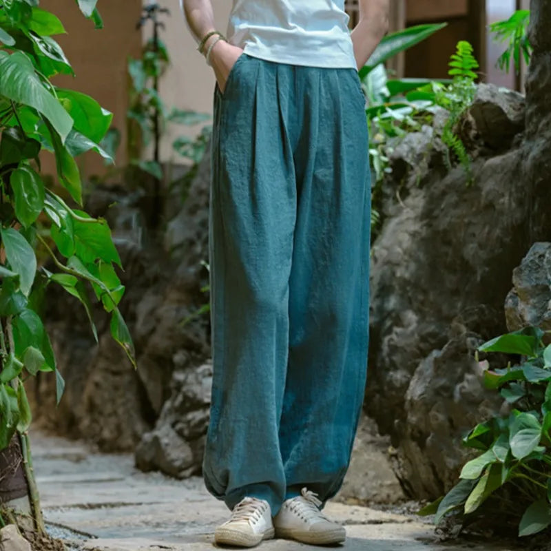 Johnature Women Vintage Solid Color Long Pants Linen Elastic Wasit 2025 Spring New Trouser Pockets Loose Women Straight Pants