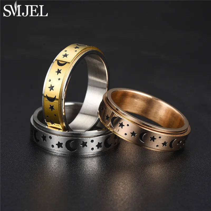 Fashion Star Moon Anxiety Relaxing Stainless Steel Rings for Women Men Metal Rotate Freely Spinner Ring Anillos De Hombres
