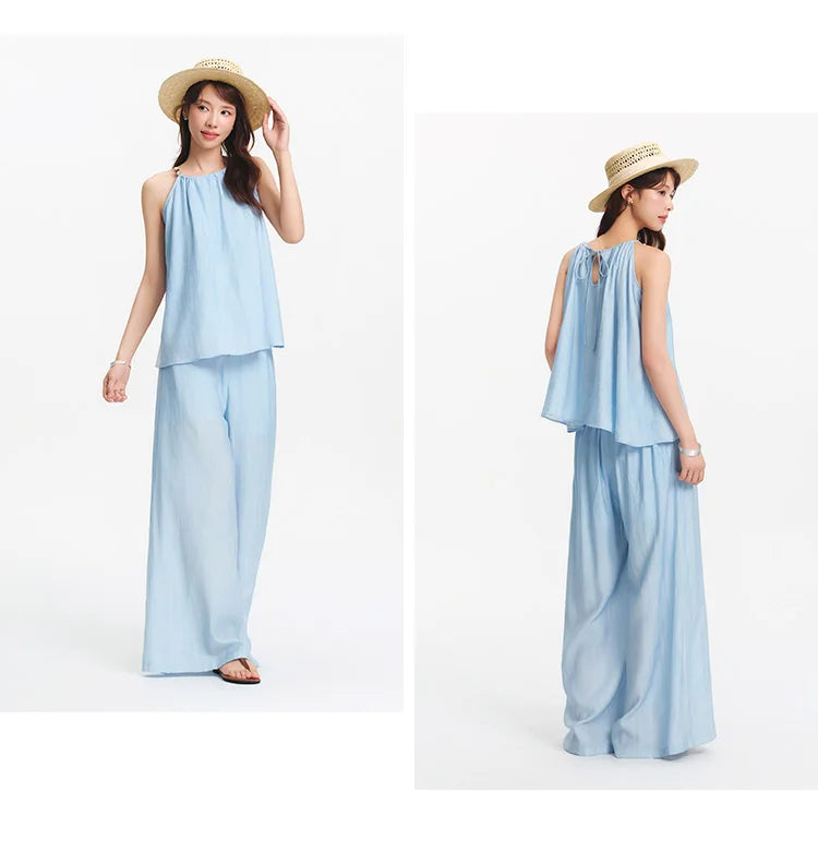 Semir Bowknot Strap Wide Leg Pants Set Women 2025 Summer New Linen Like Textured Two Piece Outfit for Vacation Style