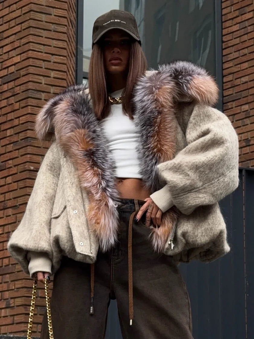 Vintage Faux Fur Woolen Jacket Women Fashion Thicken Hooded Pocket Lantern Sleeve Elastic Waist Coat 2026 Female Daily Outwear