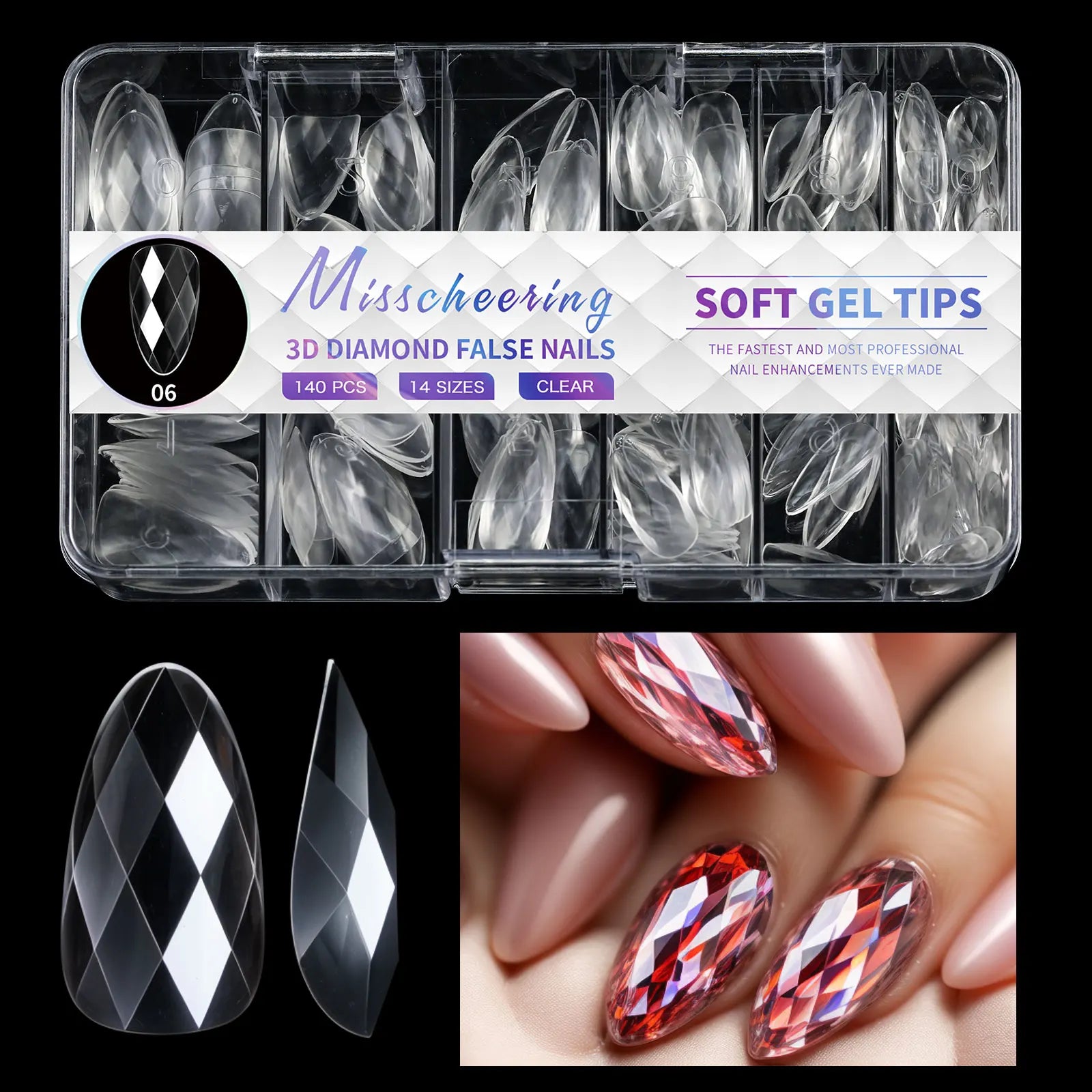 120/140Pcs 3D Diamond Almond Ballet Coffin False Nails Clear Press On Nails For Acrylic Gel Reusable Fake Tips DIY Nail Supplies