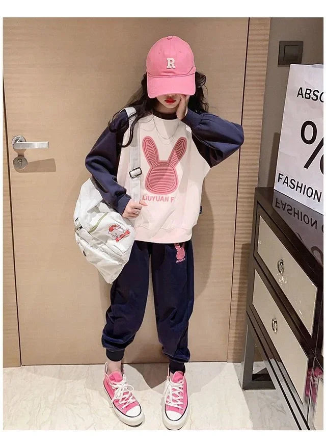 3-13 Years Spring Autumn Girls Clothing Set Cartoon Rabbit Pattern Full Sleeve Top +Pants 2Pcs For Kids