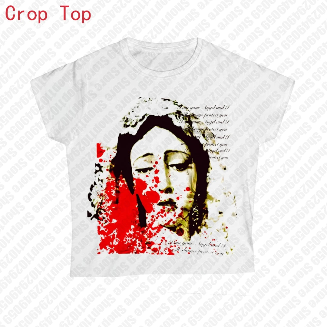 Gothic Letter Print Baby Tees Y2K Vintage Clothes Aesthetic Kawaii Summer Slim 2000s Top Streetwear Short Sleeve E-girl Crop Top