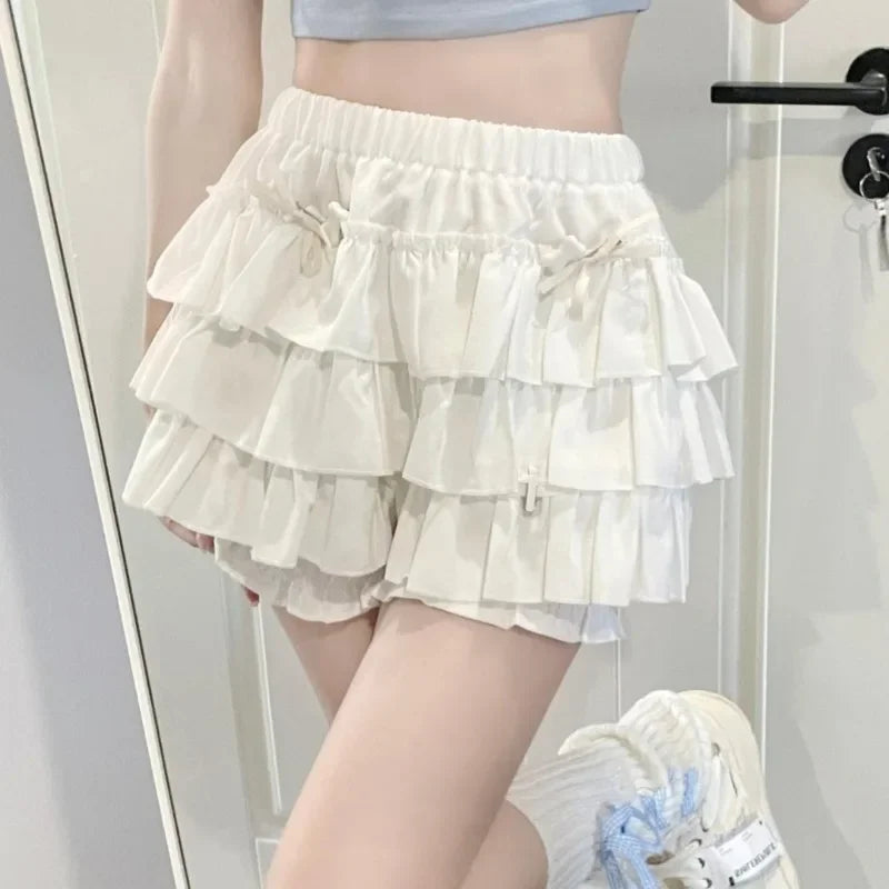 Puffy Cake Mini Skirts Women Ruched Ruffle High Waist Solid All-match Sweet Lovely Girls College Harajuku Trendy Streetwear Ins