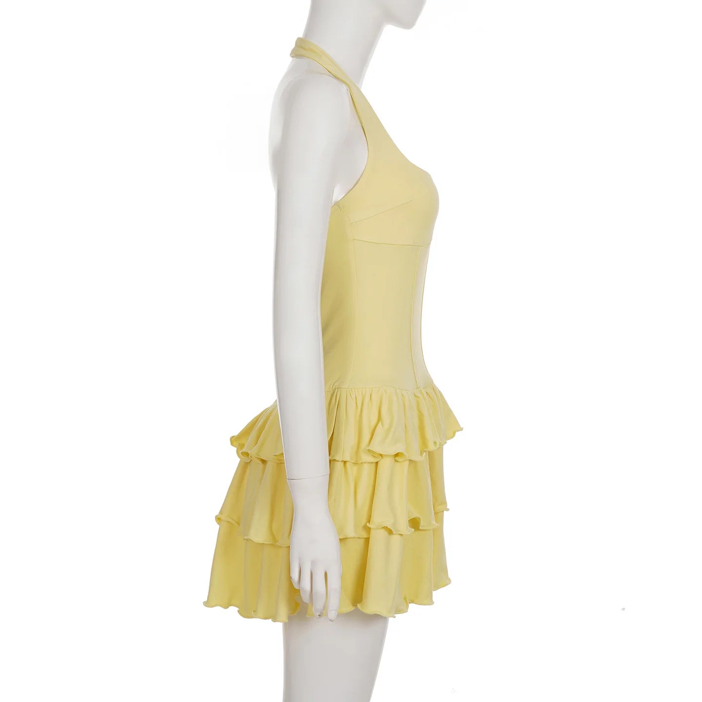 Vacation Halter Mini Dress For Women Solid High Waist Puffy Dress Ruffled Splice Fashion Sexy Slim Dress 2025 Summer New