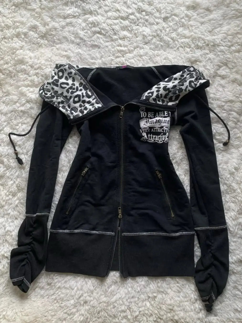 Slim Fit Spicy Girl Vintage Versatile Leopard Printed Black Sweatshirts Gothic Harajuku Autumn/winter Cardigans Kawaii Clothes