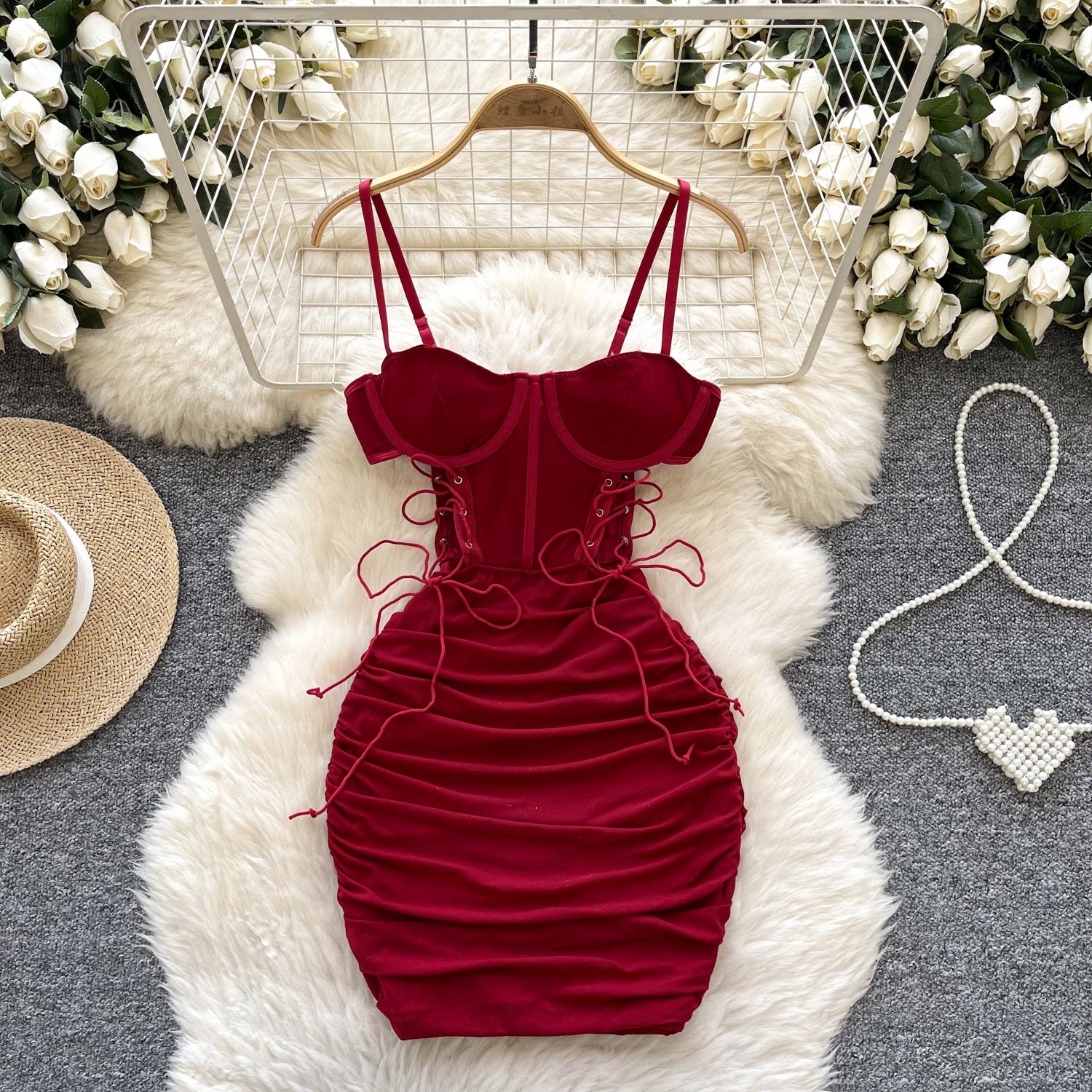 SINGREINY Summer Short Strap Dress Ladies Strapless Lace Up Hollow Out Design Pleated Slim Fit Print Sexy Clubwear Bodycon Dress