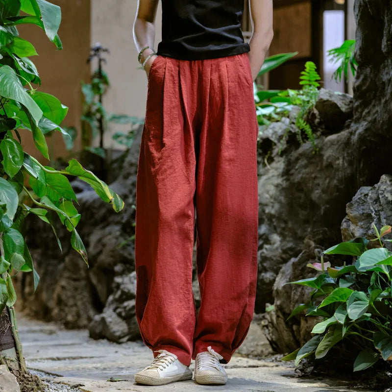 Johnature Women Vintage Solid Color Long Pants Linen Elastic Wasit 2025 Spring New Trouser Pockets Loose Women Straight Pants