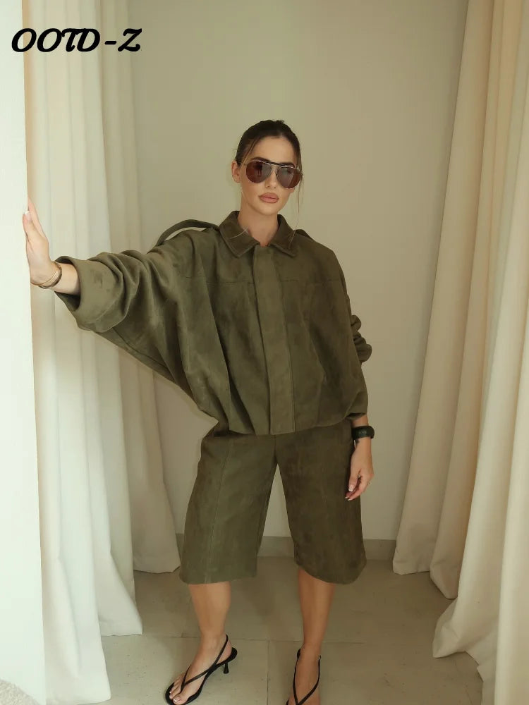 Fashion Coat Short Pant Women Set Casual Loose Lapel  Button Long Sleeve Female Jacket Suit 2025 Autumn High Street Lady Sets