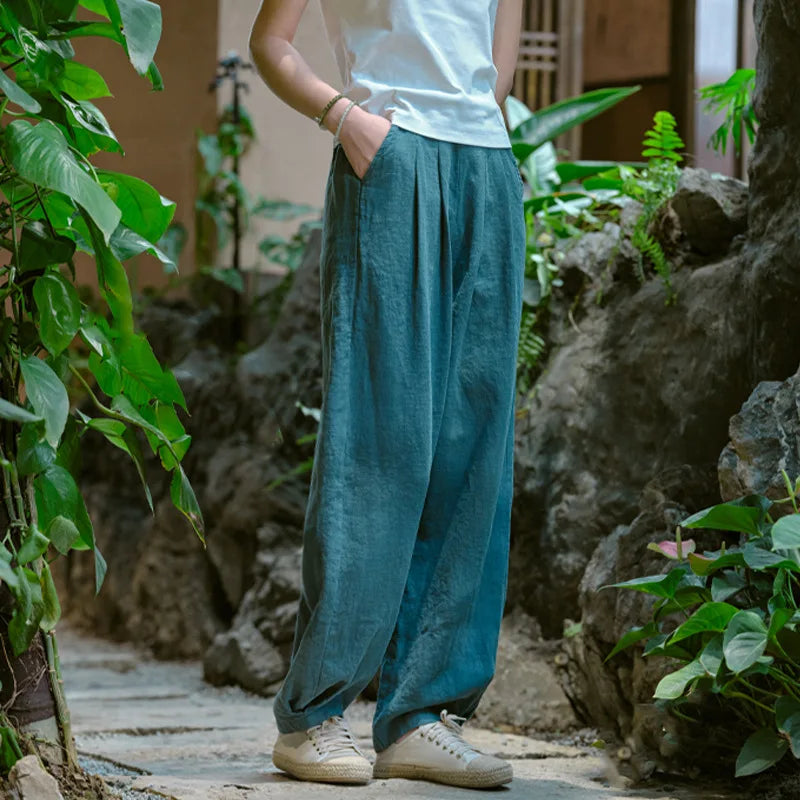 Johnature Women Vintage Solid Color Long Pants Linen Elastic Wasit 2025 Spring New Trouser Pockets Loose Women Straight Pants