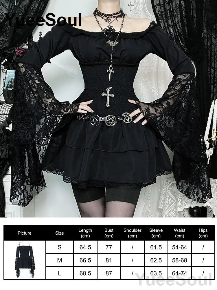 Halloween Gothic Grunge Punk Women Dress Long Sleeve Lace Slim Black Dresses 2026 New Y2K Harajuku Lolita Fairy Core Party Dress