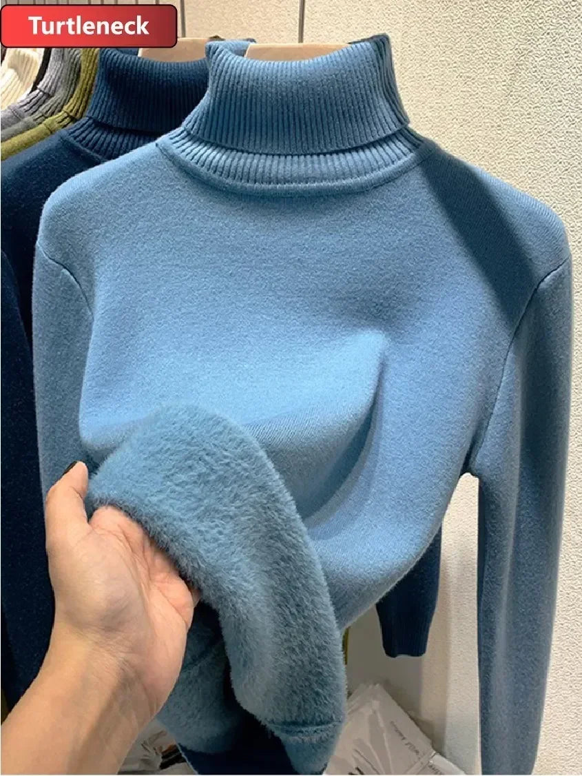 Winter Warm Sweater Pullover Women Slim Thicken Plush Velvet Lined Knitwear Jumper Korean Half Turtleneck Poleras Soft Knit Tops