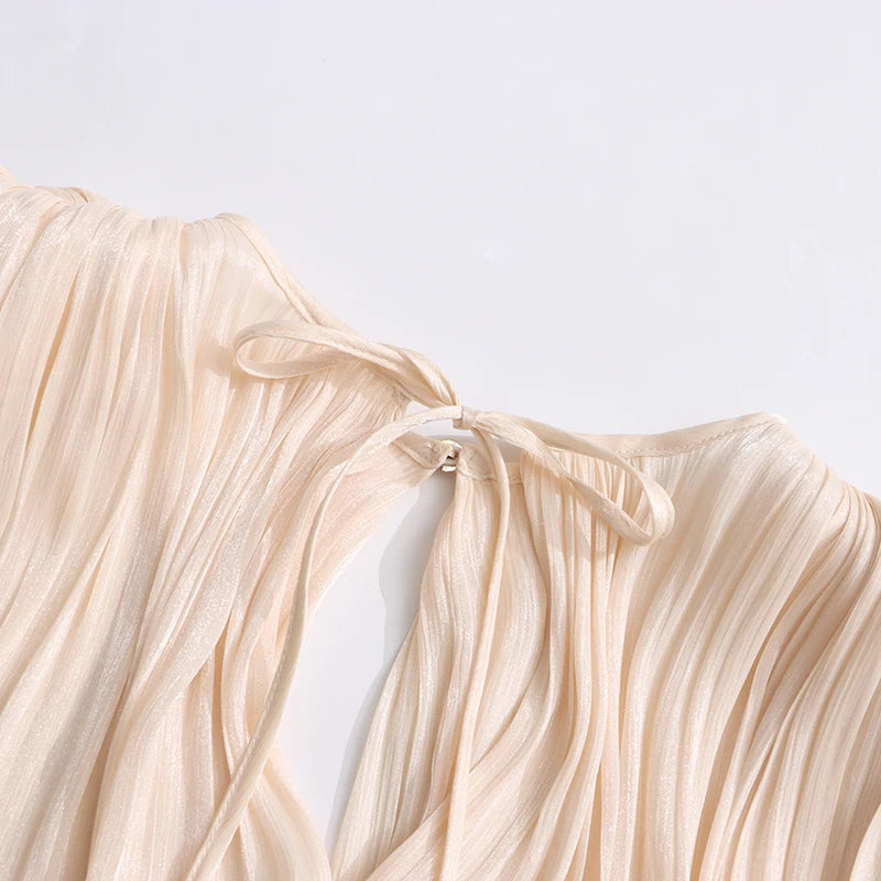 TWOTWINSTYLE Solid Loose Spliced Folds Elegant Dresses for Women Round Neck Long Sleeves Patchwork Lace Up Dress Female Fashion