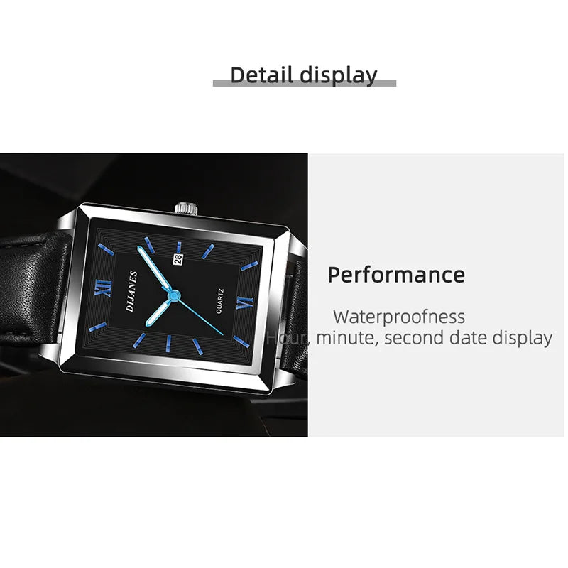 New Casual Leather Men's Square Quartz Watch Korean Student Calendar Watch Men Relojes Para Hombres