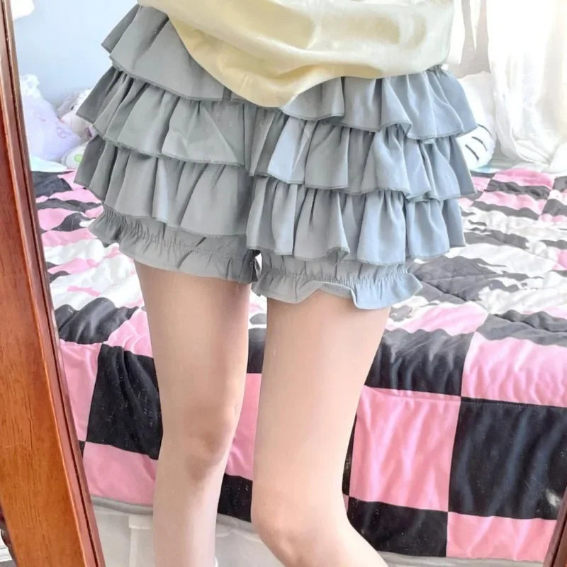 Puffy Cake Mini Skirts Women Ruched Ruffle High Waist Solid All-match Sweet Lovely Girls College Harajuku Trendy Streetwear Ins