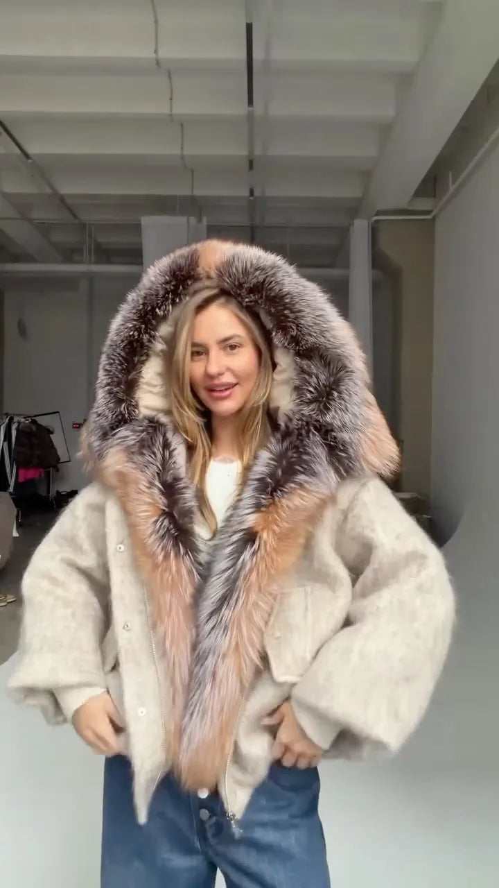 Vintage Faux Fur Woolen Jacket Women Fashion Thicken Hooded Pocket Lantern Sleeve Elastic Waist Coat 2026 Female Daily Outwear
