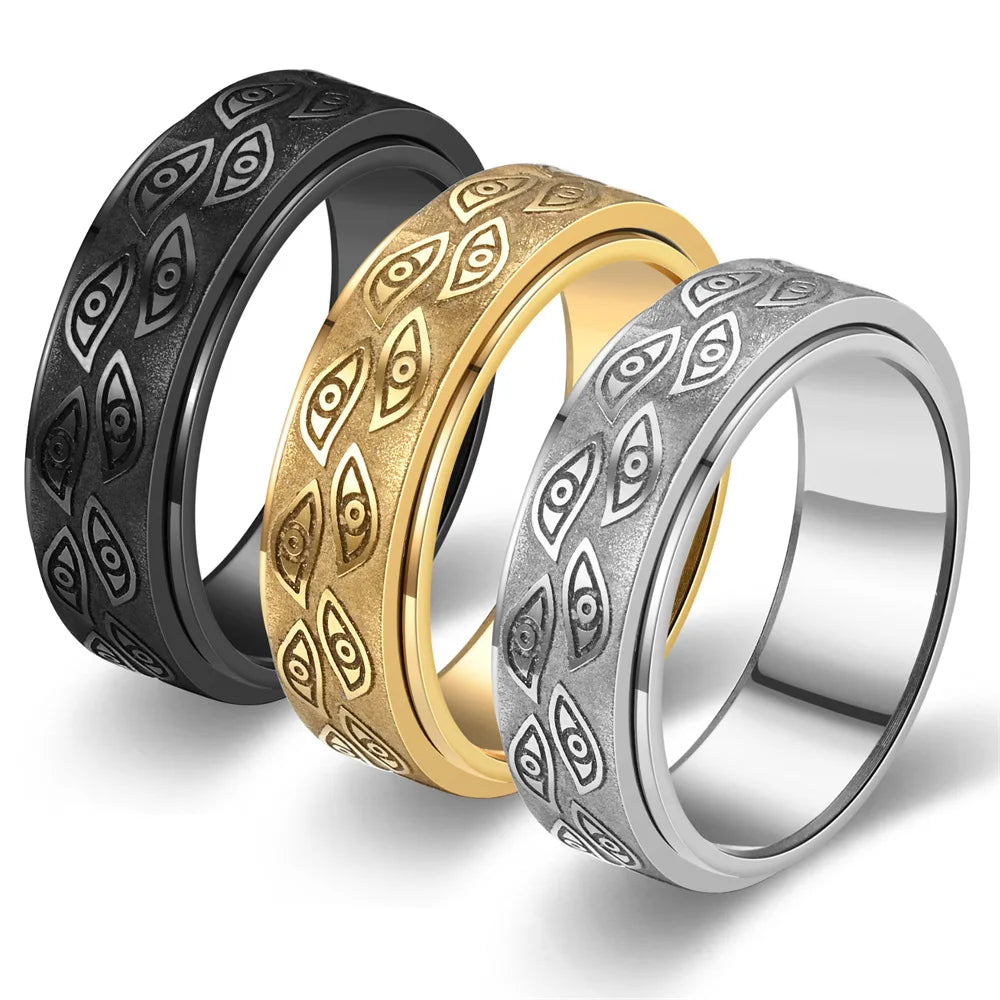 Demon Eye Rotating Anxiety Relife Spinning Ring For Men Anti Stress Stainless Steel Spinner Fidgets Joint Ring Anillo Hombres