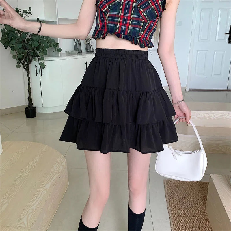 Pleated A-line Skirt White Women Ruffles Sweet Hottie Preppy Style Elastic Elastic Waist Slim Thin SimpleCasual Summer Wholesale