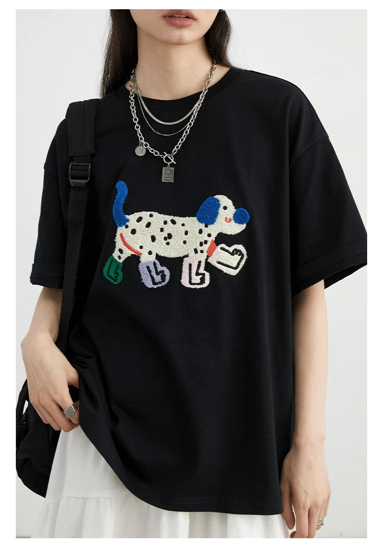 CHIC VEN Women T-Shirts Loose Streetwear Unisex Fun Dog Embroidered Short Sleeve Cotton Girl Tees Female Top Summer 2025
