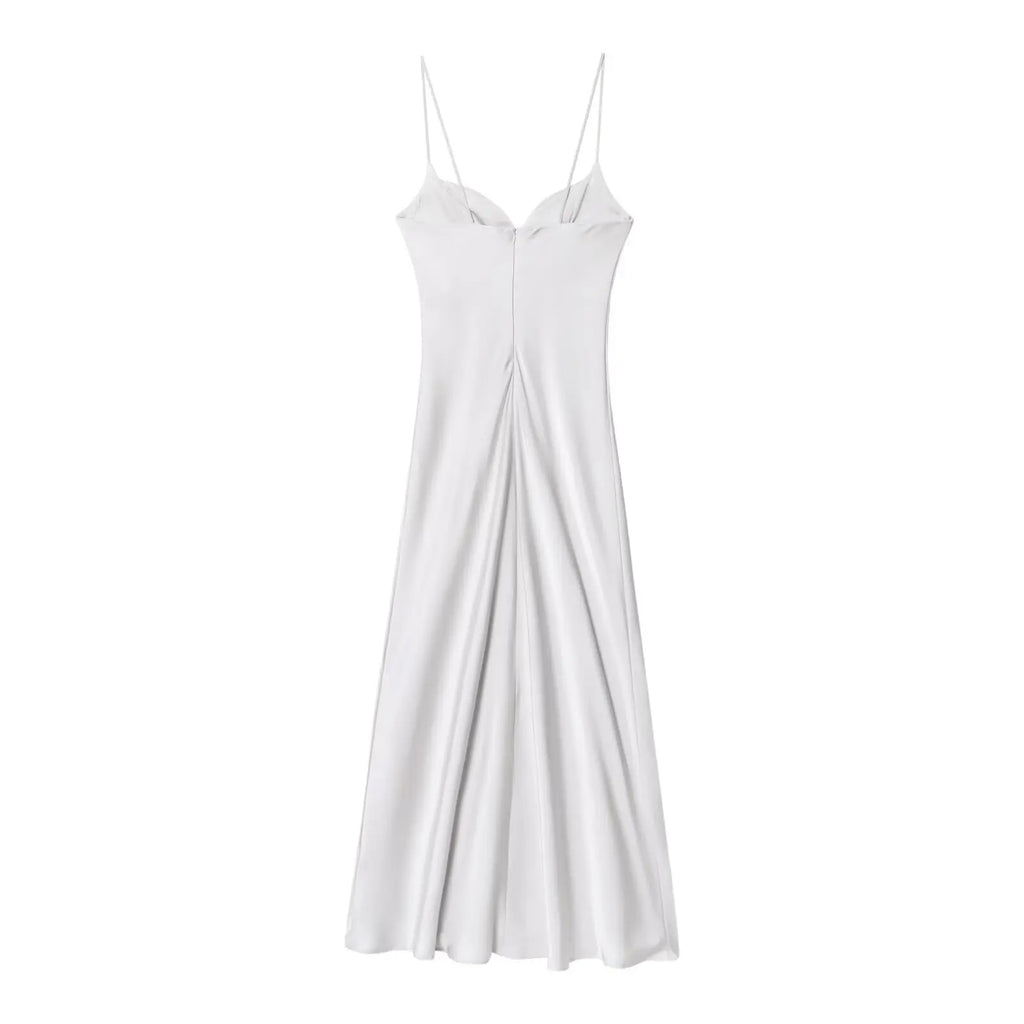 HH 2025 Women Red V-Neck Holiday Style Satin Texture Long Dress Sleeveless Summer Women's Back Zipper Fashion Sling Dresses