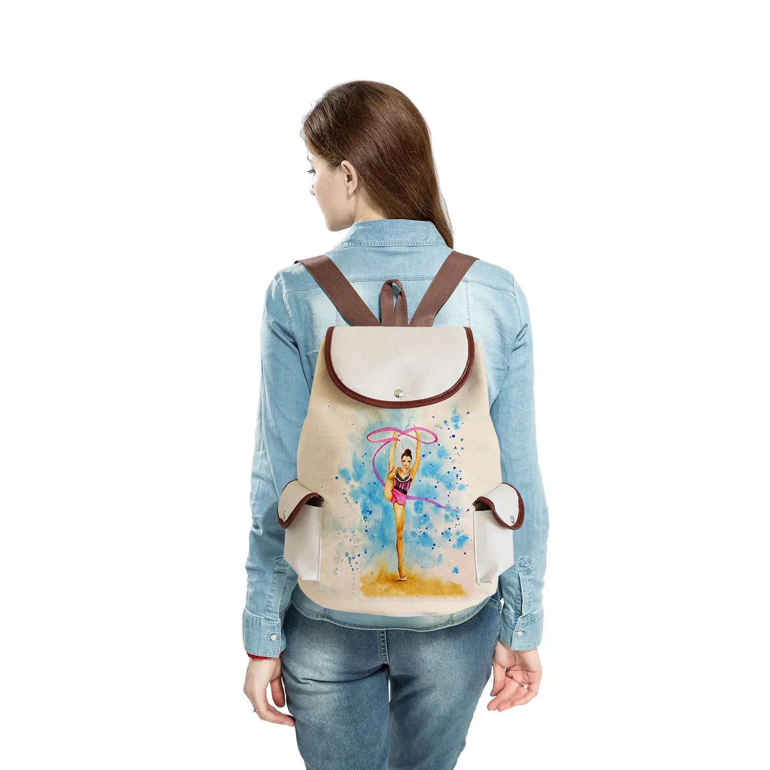 Watercolor Gymnastics Art Print Backpack Women Drawstring Bags Pretty Girls Daypack Gymnast Storage Bag for Travel Gift Portable