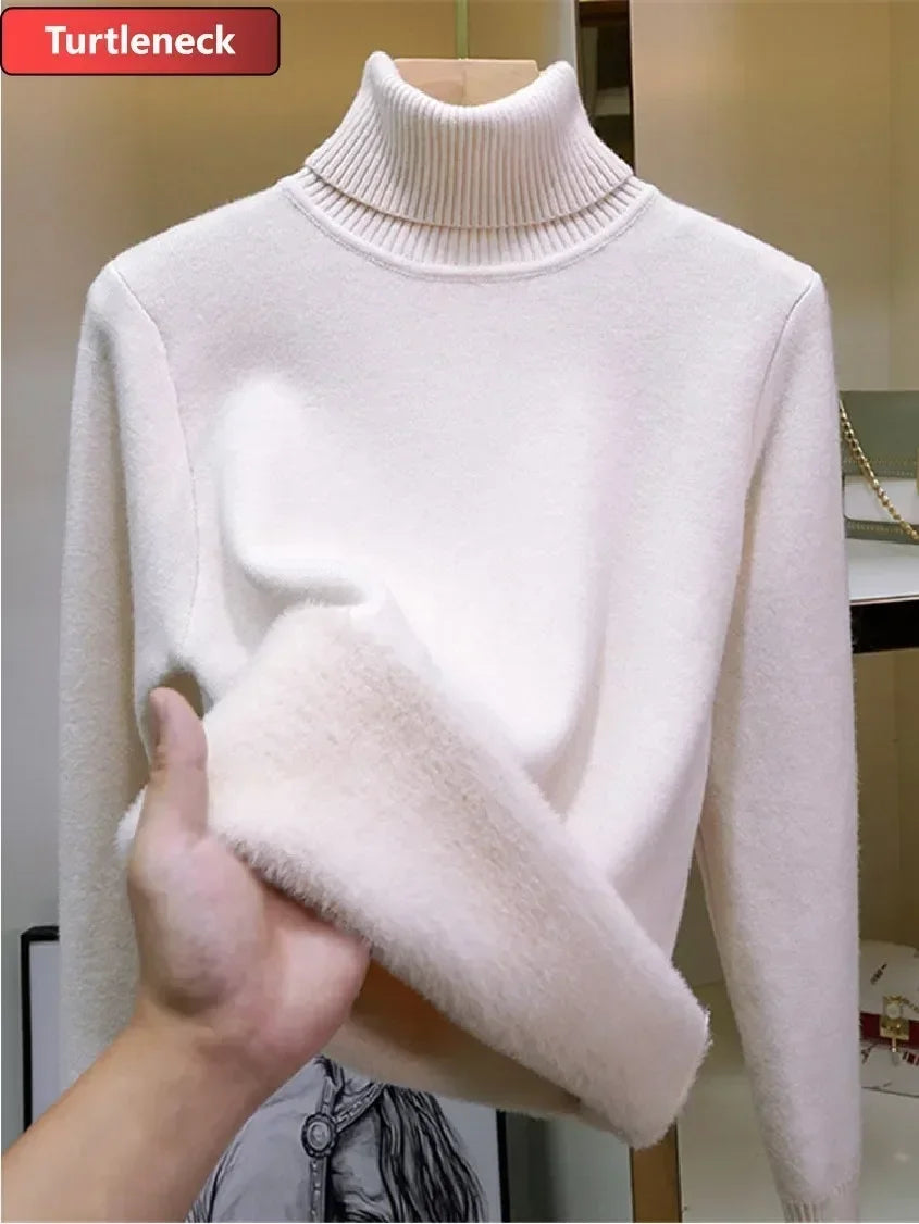 Winter Warm Sweater Pullover Women Slim Thicken Plush Velvet Lined Knitwear Jumper Korean Half Turtleneck Poleras Soft Knit Tops