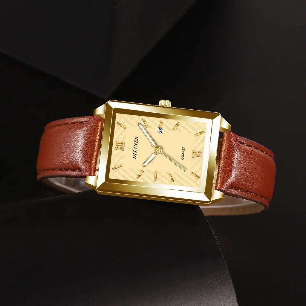 New Casual Leather Men's Square Quartz Watch Korean Student Calendar Watch Men Relojes Para Hombres