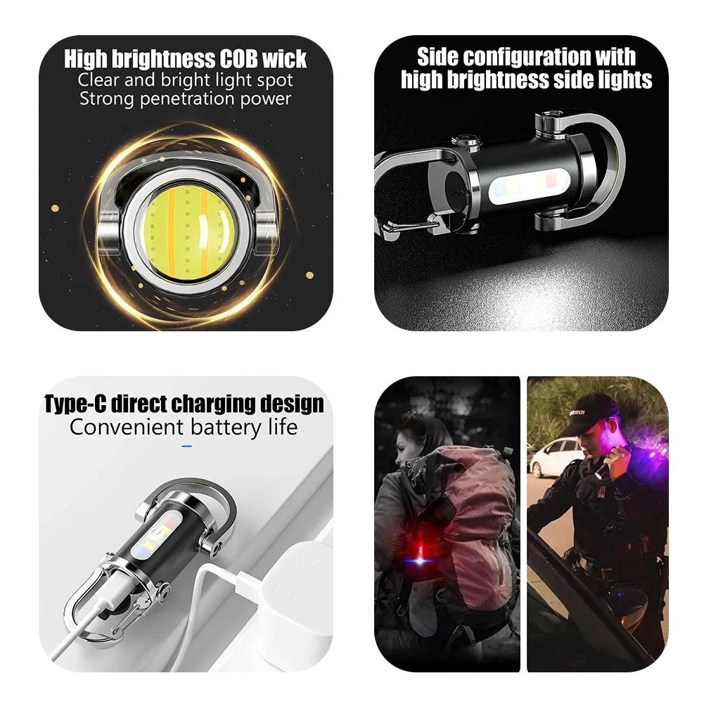 COB LED Keychain Flashlight Multifunctional Pocket Flashlight USB Rechargeable Portable Keychain Torch for Camping Hiking