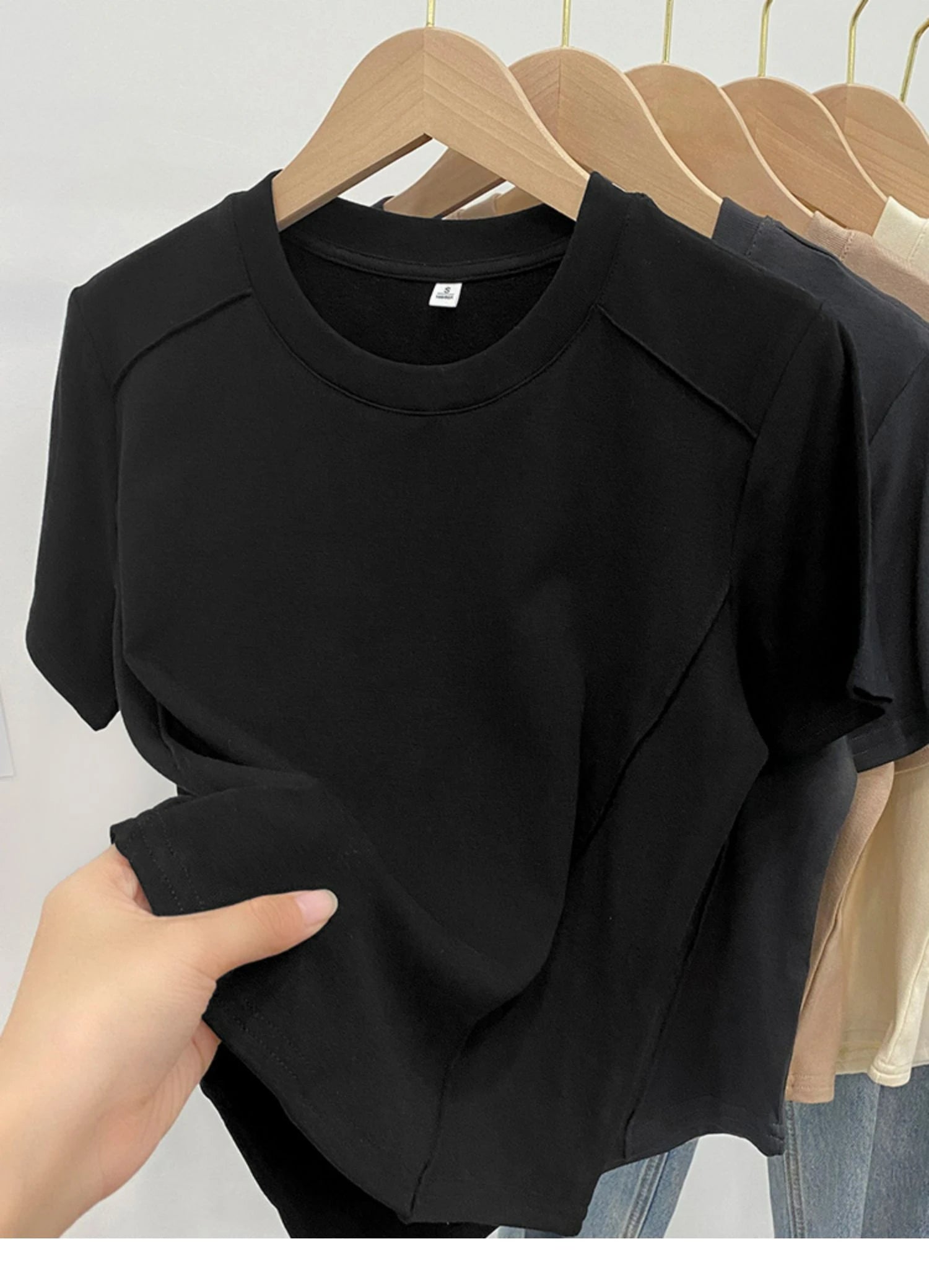 Solid color round-neck short-sleeved slim T-shirt for women 2026 summer and Europe new