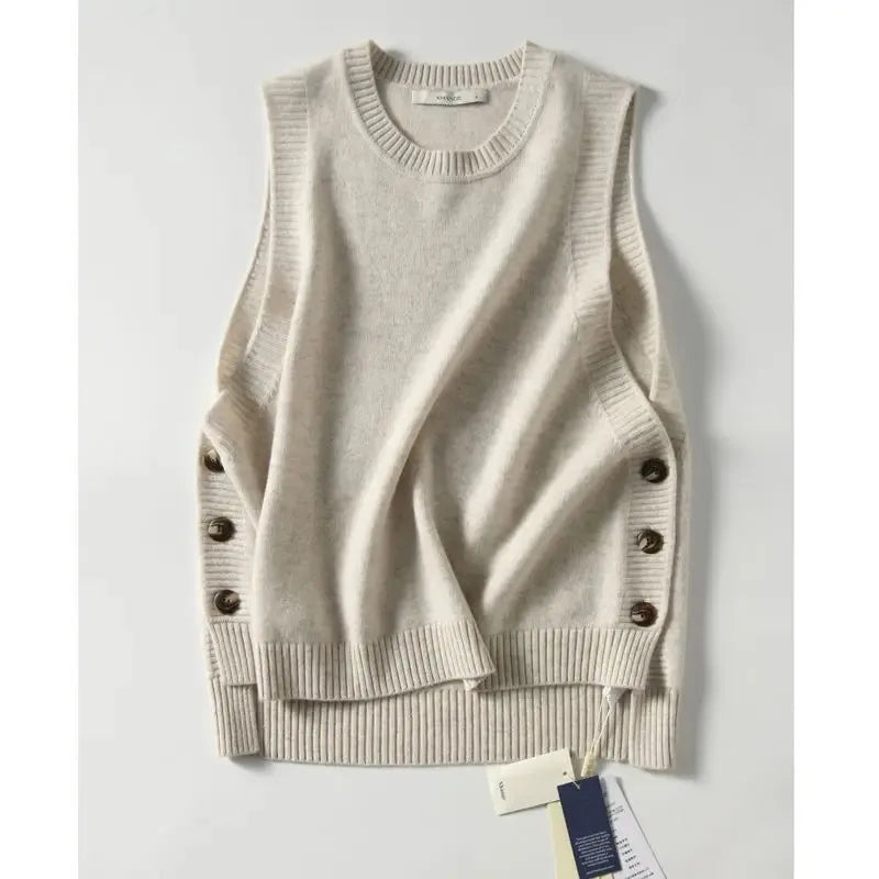 Fashion knit sweater vest College style under three-button solid color crew neck casual all-match pullover sweater for women