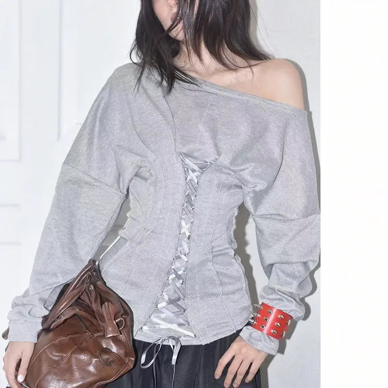 SylCue Casual Fashion T-Shirts Woman Skew Collar Off Shoulder Full Sleeve Drawstring Design Daily Simple Versatile Style Tops