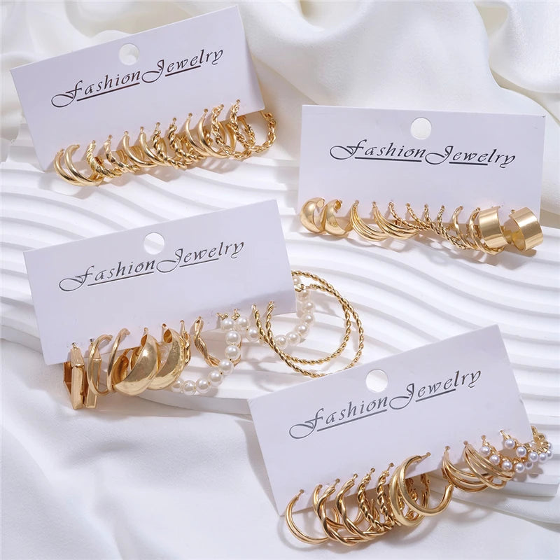 24 Pairs Gold Color Vintage Hoop Earrings Set for Women Girl Imitation Pearl Geometric Metal Twist Earring Fashion Jewelry