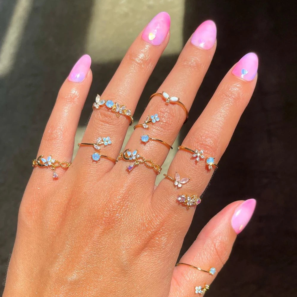 Ins Y2K Style Fahion Jewelry Aesthetic Charms Zircon Blue Flower Adjustable Opening Ring For Women anillos para hombres