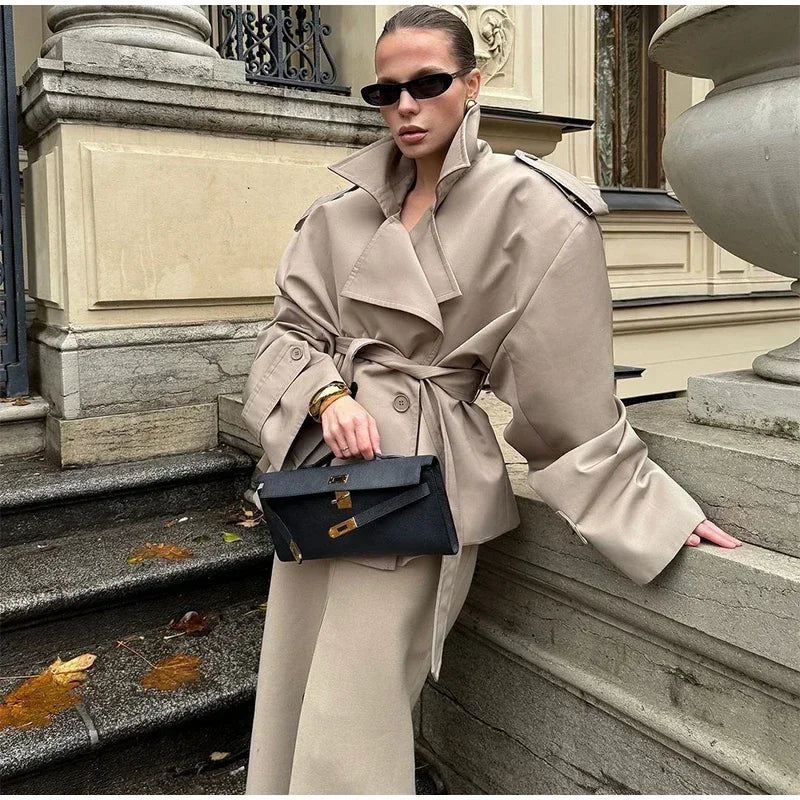 Solid Lapel Lace Up Trench Coat Women Fashion Full Sleeve Waist Cinching Short Windbreak New Autumn Office Commute Outwear 2026