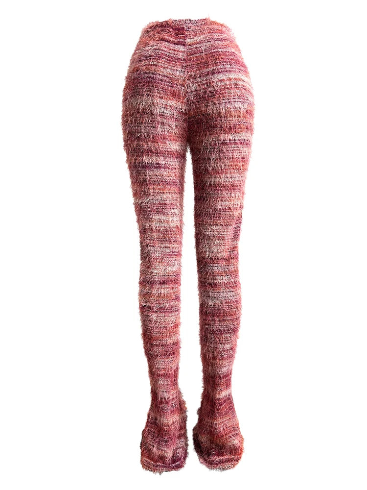 Fuzzy Flare Pants Woman 2024 Winter Stacked Fur Pant Women High Waist Leggings Fashion Skinny Casual Sexy Club Flared Pants