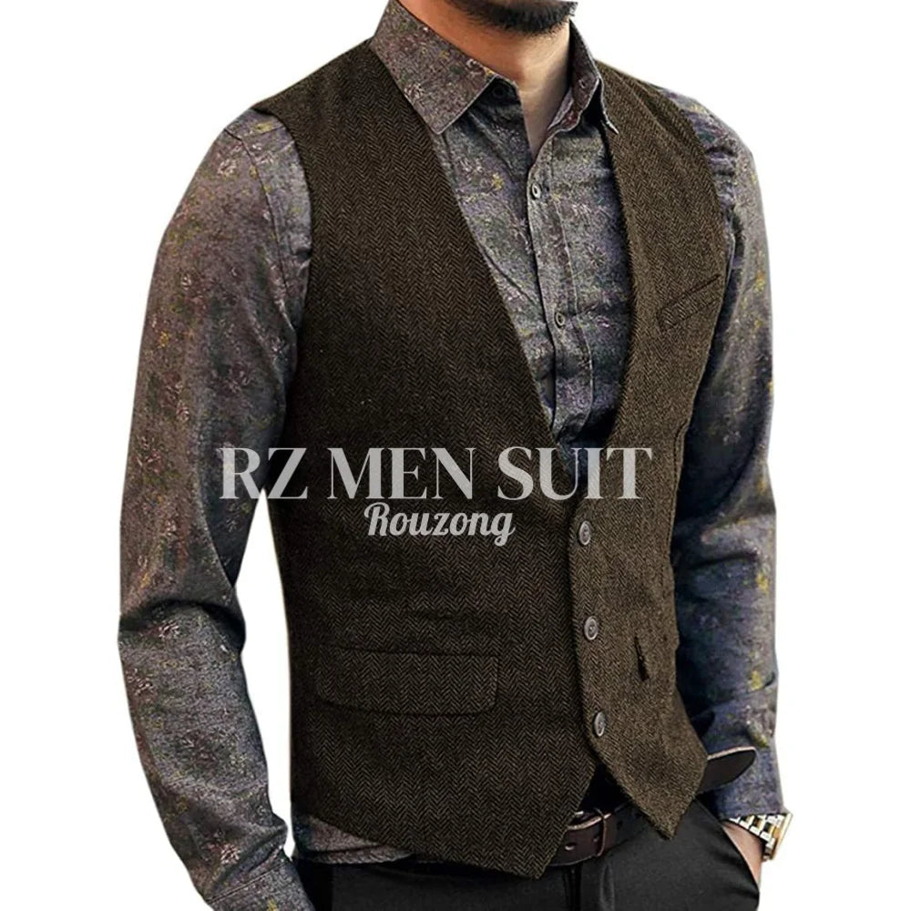 Men's Herringbone Tweed Wool Suit Vest Single Breasted Slim Fit Waistcoat Vest chaleco para hombre
