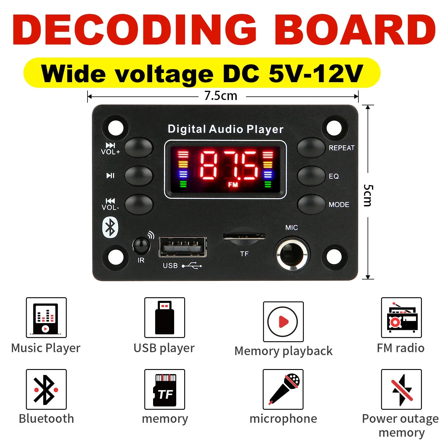 DC  12V Bluetooth 5.0 MP3 WMA WAV APE Decoder Board Hands-free Car Audio Microphone USB TF FM Radio Mp3 Music Player Speaker