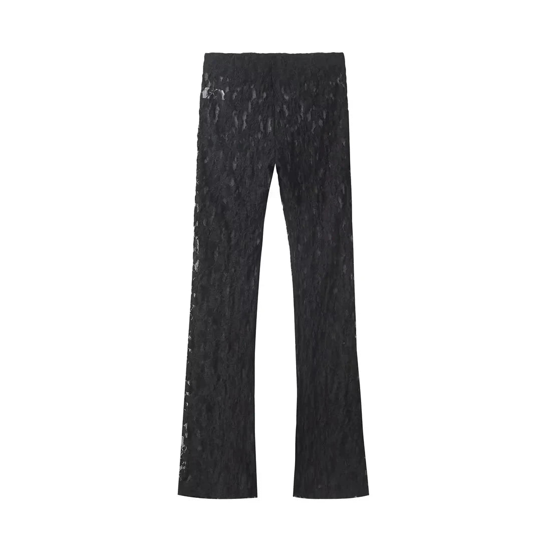 HH Womens Lace Pants Sets Slim Jumpsuits Top + High Waist Trousers Sexy Lady Floral Lace Translucent Y2k Bodysuit Suits