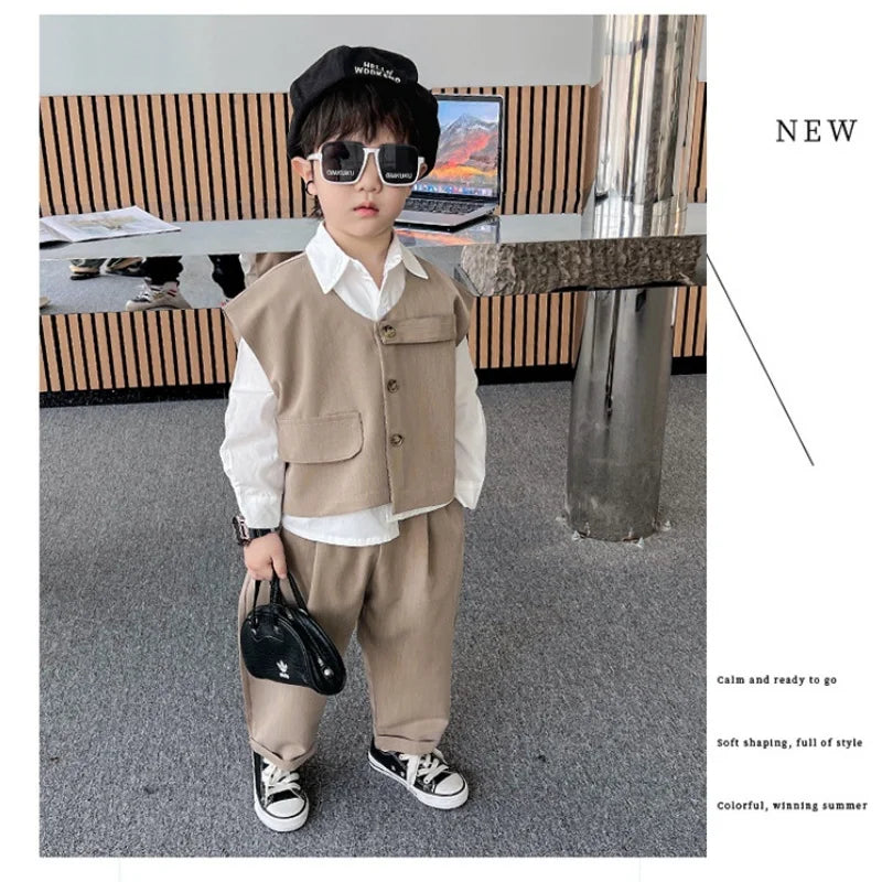 2026 Children Sets Shirts Turn-down Collar Vest Single Breasted Pants Ankle Length Loose Solid Soft Simple Casual Autumn Boys
